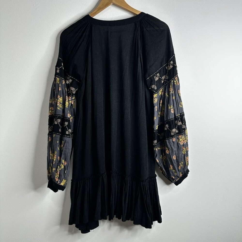 Free People Mix It Up Black Tunic Dress‎ Large Boho Floral Balloon Sleeve - Picture 14 of 16